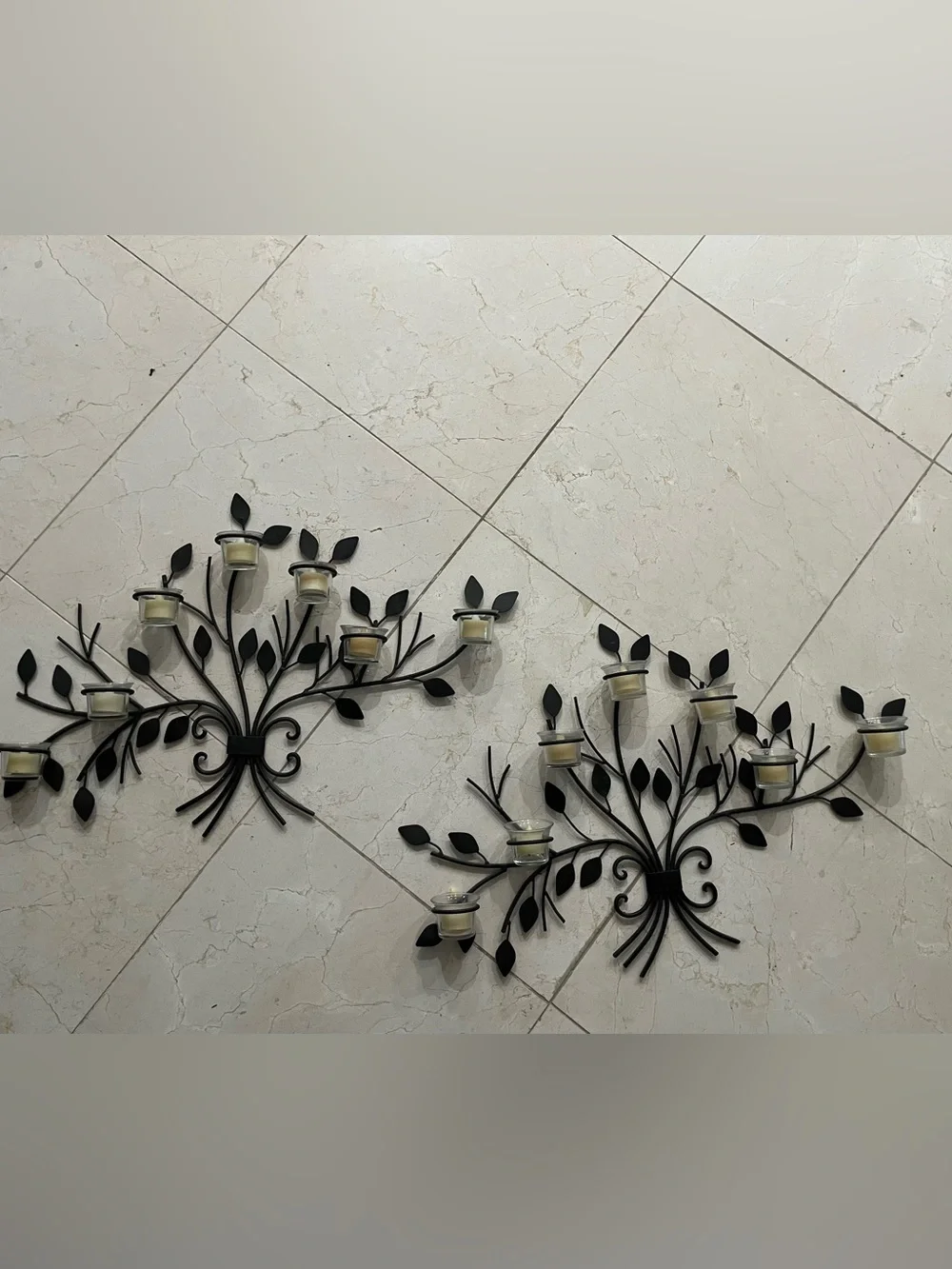 Black Metal Leaf Branch Wall Candle Sconces - Set of 2